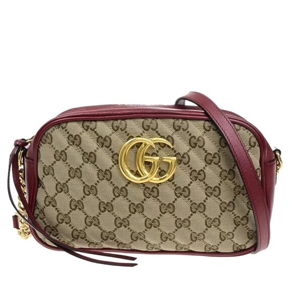 GUCCI Marmont GG Pattern Chain Shoulder Bag Canvas Leather Brown Red 600ED634 - Picture 1 of 15